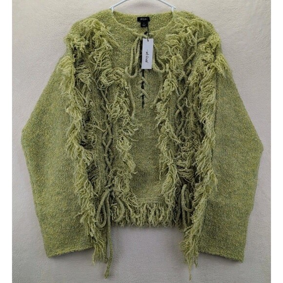 Nasty Gal Sweaters - Nasty Gal Olive Green Textured Fringe V-Neck Sweater
